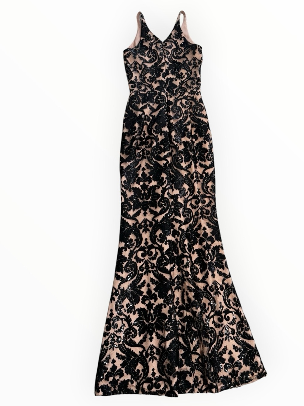 DRESS THE POPULATION Karen Black Lace Sequin Maxi Gown Nude Lining S Mermaid - Picture 7 of 11